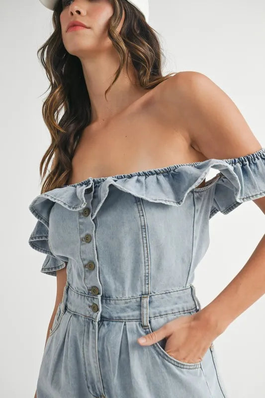 MABLE Off Shoulder Ruffle Detail Denim Romper - Sydney So Sweet
