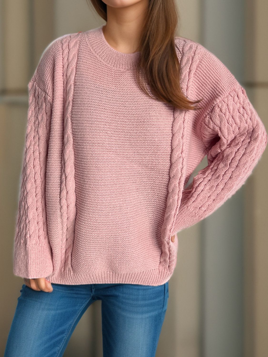 Cable-Knit Round Neck Long Sleeve Sweater - Sydney So Sweet