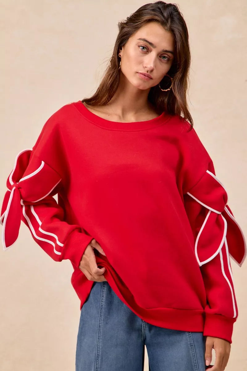 BiBi Bow Detail Sleeves Fleece Sweatshirt - Sydney So Sweet