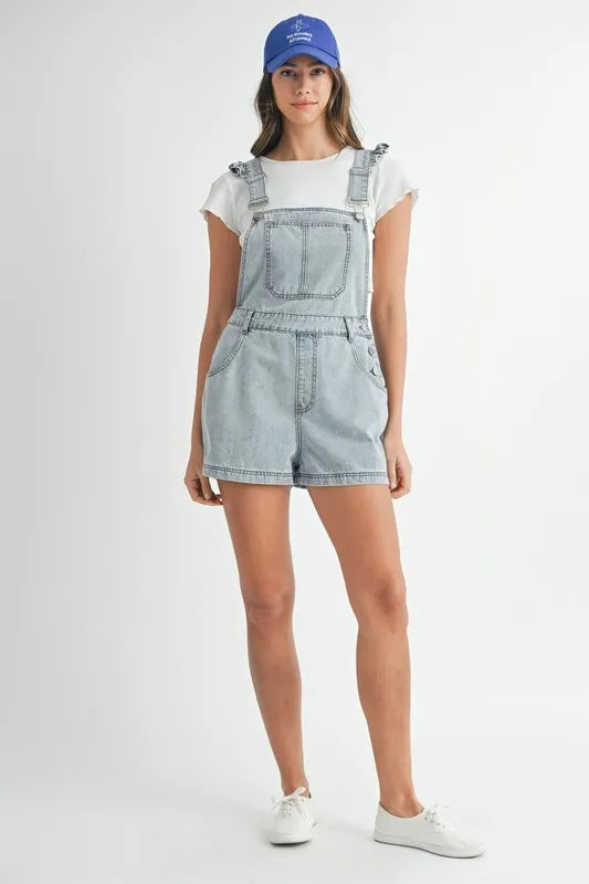 MABLE Square Neck Ruffle Shoulder Denim Overall Romper - Sydney So Sweet