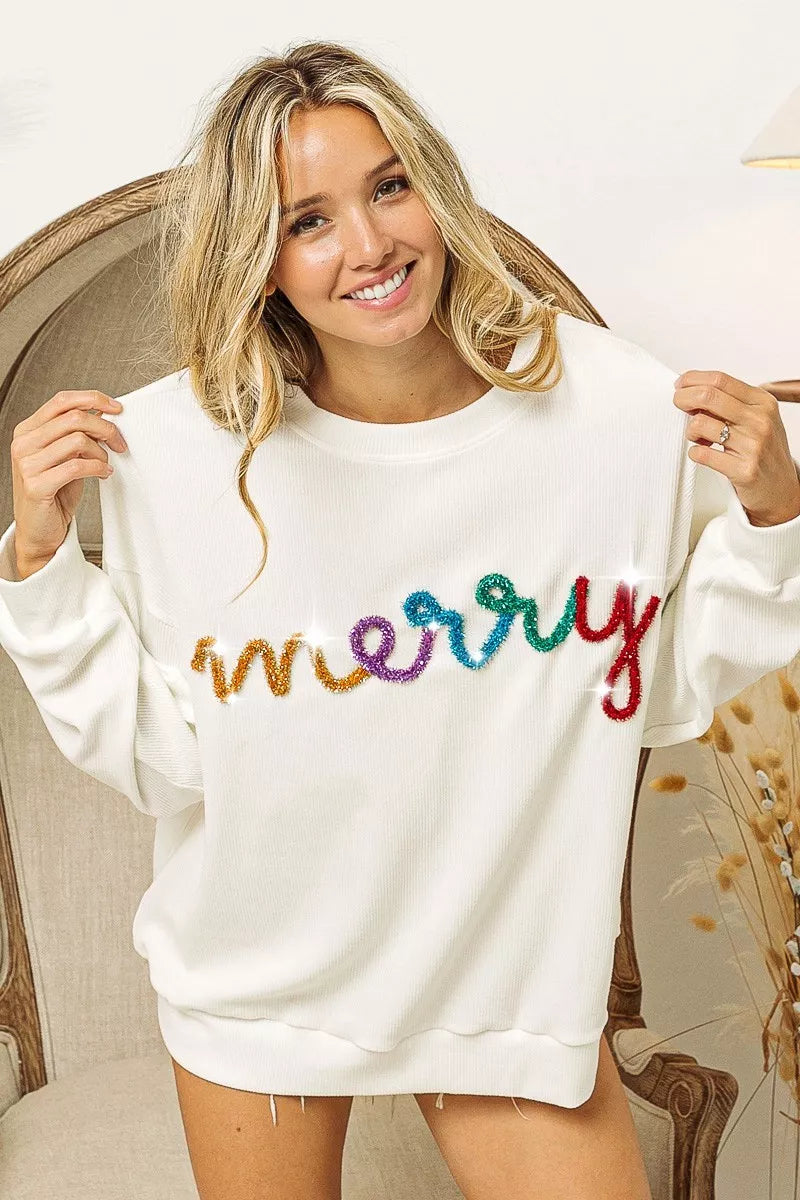BiBi Merry Tinsel Lettering Drop Shoulder Sweatshirt - Sydney So Sweet