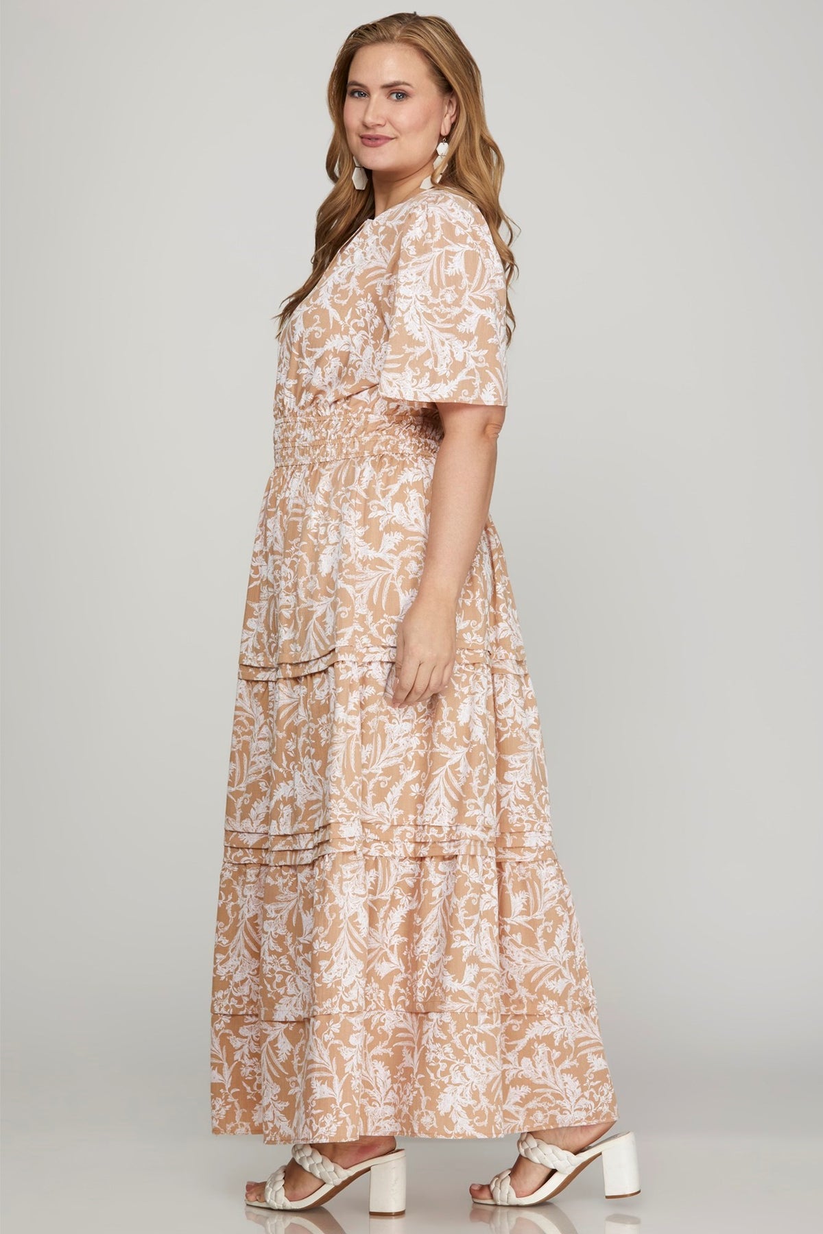 She + Sky Printed Notched Woven Tiered Pintuck Maxi Dress with Side Pockets - Sydney So Sweet