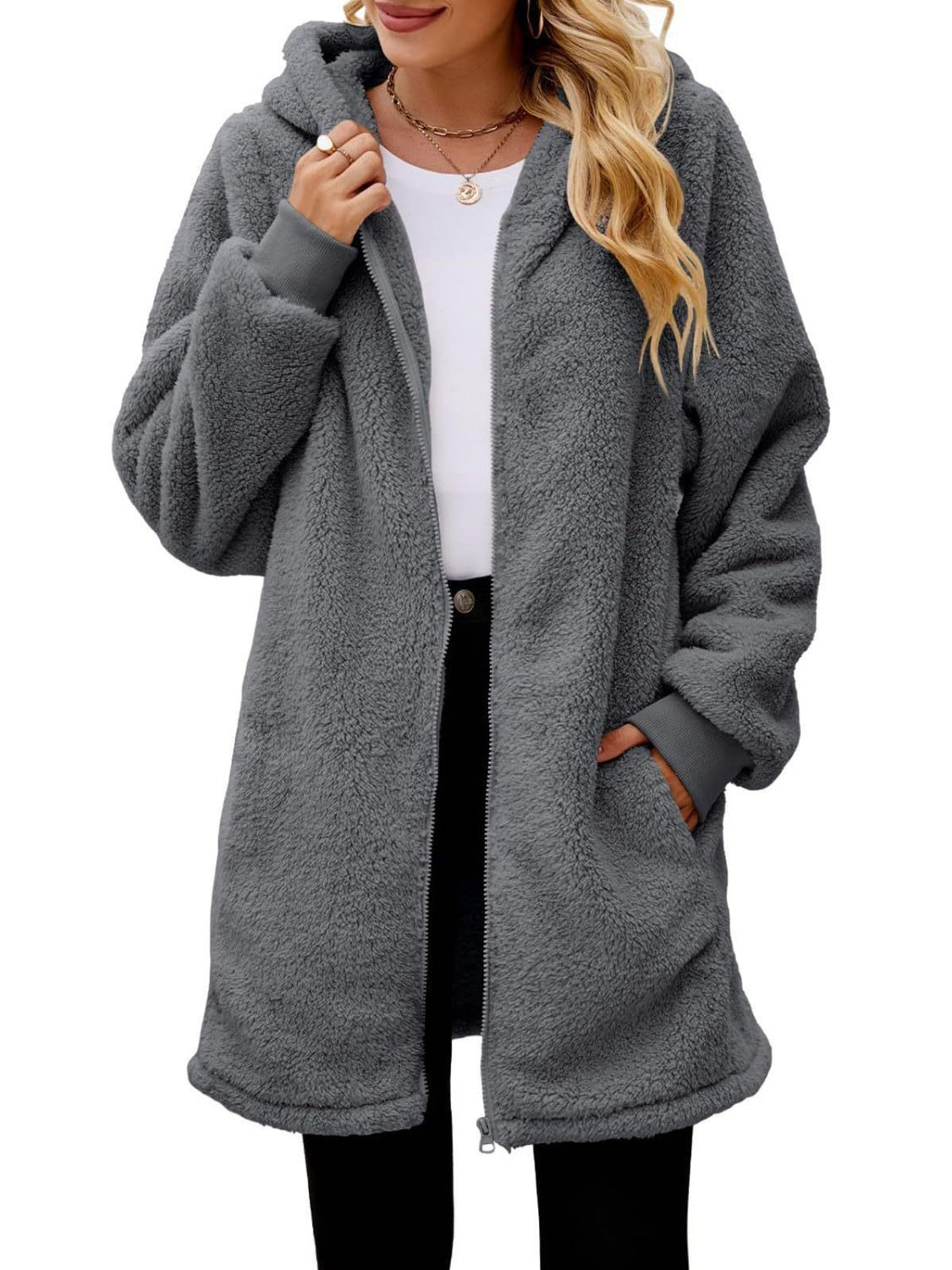 Fuzzy Pocketed Zip Up Long Sleeve Hooded Jacket - Sydney So Sweet