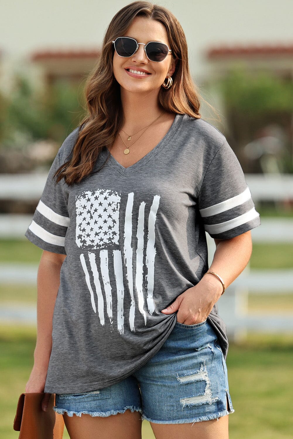 Plus Size US Flag Graphic V-Neck Tee - Sydney So Sweet