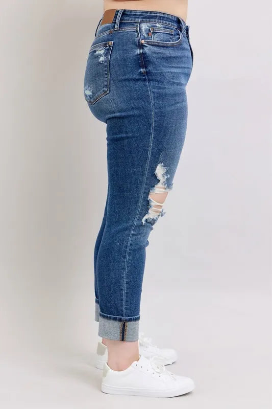 Judy Blue Full Size Mid Rise Boyfriend destroy Jeans with Yoke Pockets and Faux Selvedge Cuff Plus Size - Sydney So Sweet