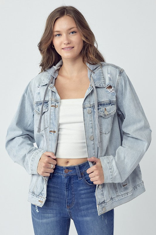 RISEN Full Size Distressed Drawstring Hooded Denim Jacket - Sydney So Sweet