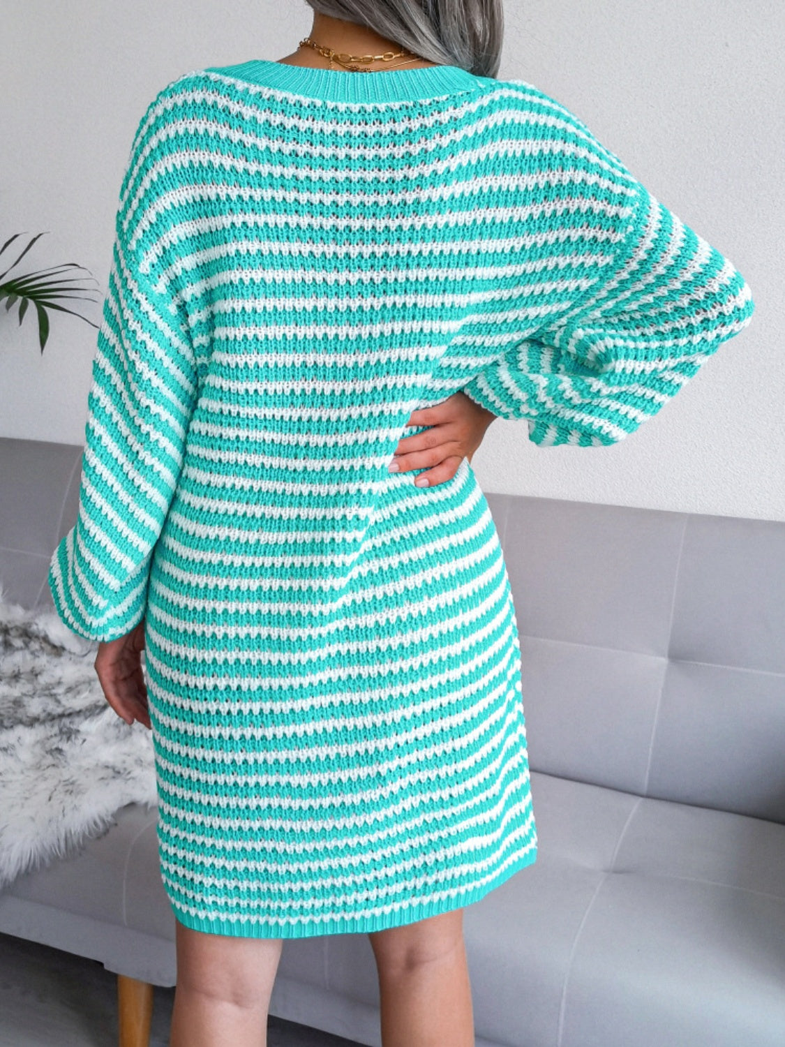 Striped V-Neck Long Sleeve Mini Sweater Dress - Sydney So Sweet