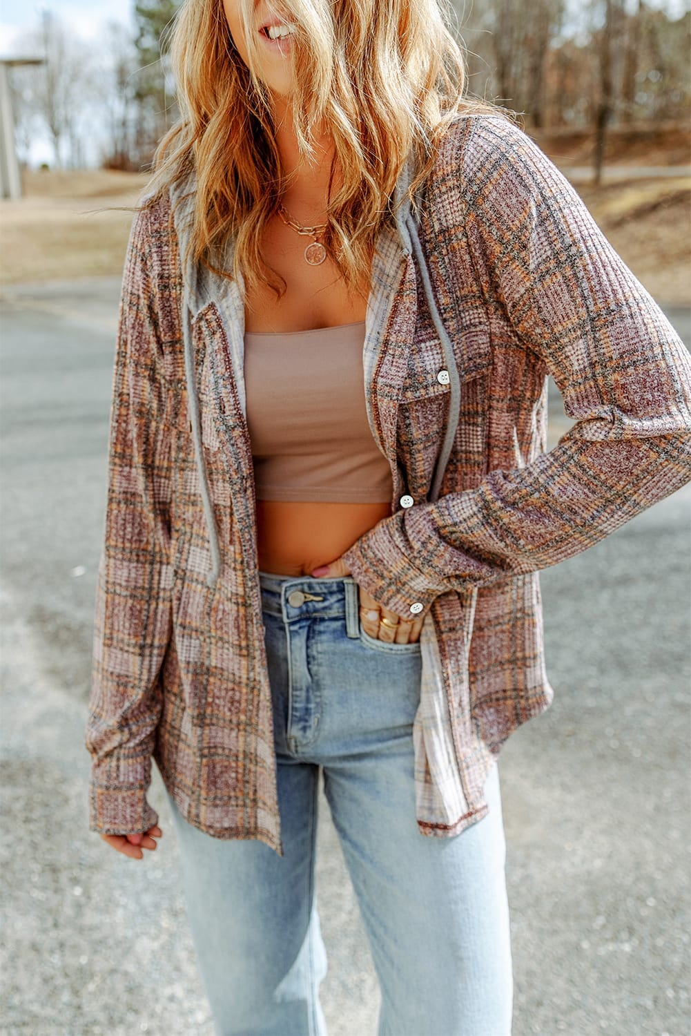 Double Take Plaid Long Sleeve Hooded Jacket - Sydney So Sweet