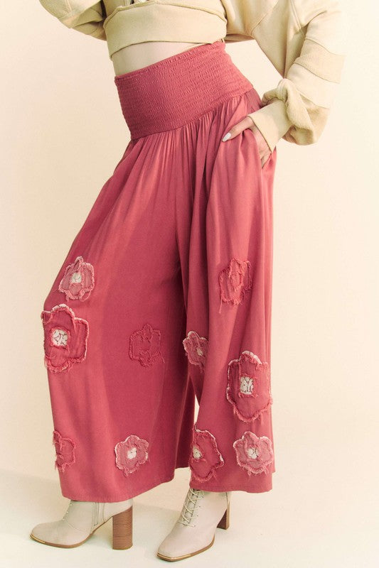 Davi &amp; Dani Smocked Waist Flower Patch Wide Leg Pants - Sydney So Sweet