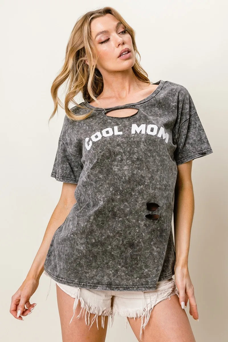 BiBi Washed Laser Cut Detail Cool Mom Print Top - Sydney So Sweet