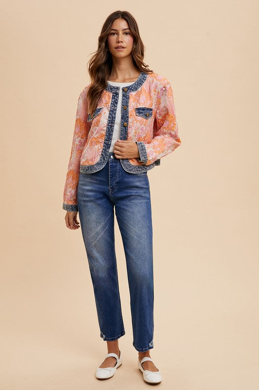 Annie Wear Floral Jacquard Denim Contrast Button Down Jacket - Sydney So Sweet