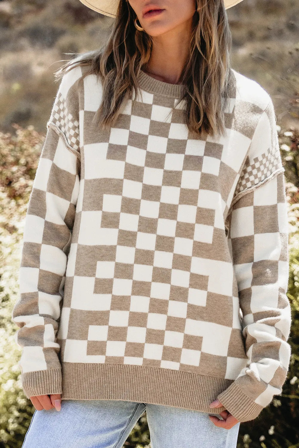 Checkered Round Neck Long Sleeve Sweater - Sydney So Sweet