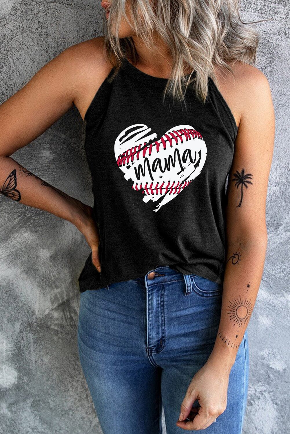 Baseball Mama at Heart Graphic Round Neck Women's Tank Top - Sydney So Sweet