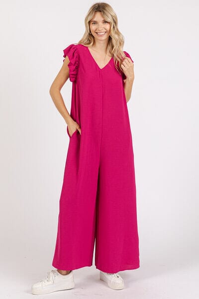 Mittoshop V-Neck Ruffled Cap Sleeve Wide Leg Jumpsuit - Sydney So Sweet