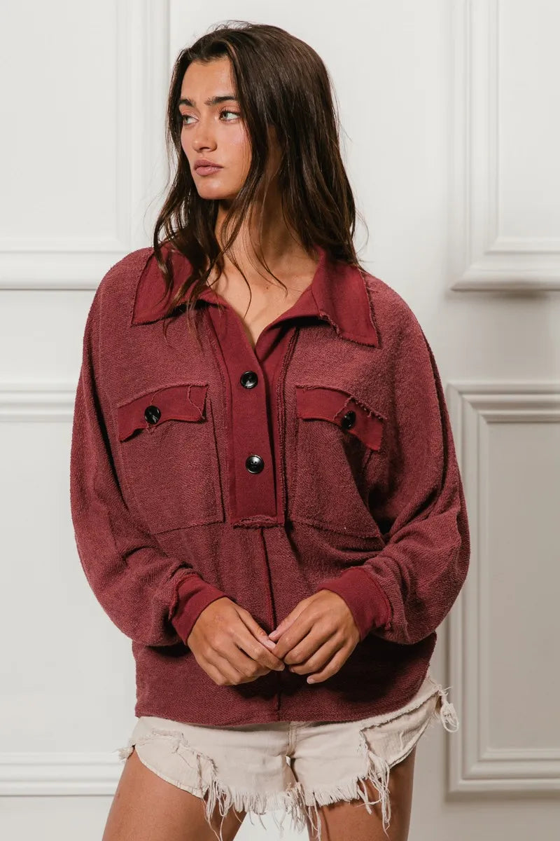 BiBi Cp French Terry Cut Edge Detail Collared Top - Sydney So Sweet