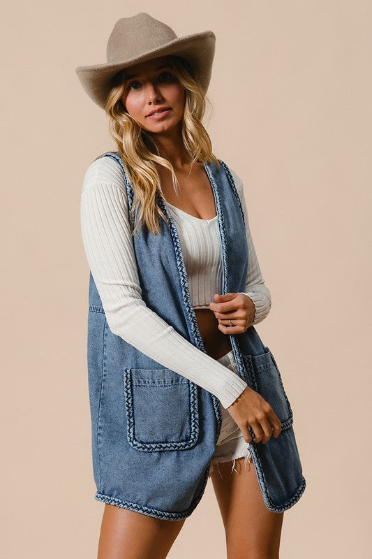 BiBi Braided Trim Open Front Denim Vest with Pockets - Sydney So Sweet