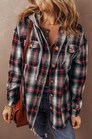 Drawstring Plaid Button Up Hooded Shacket - Sydney So Sweet