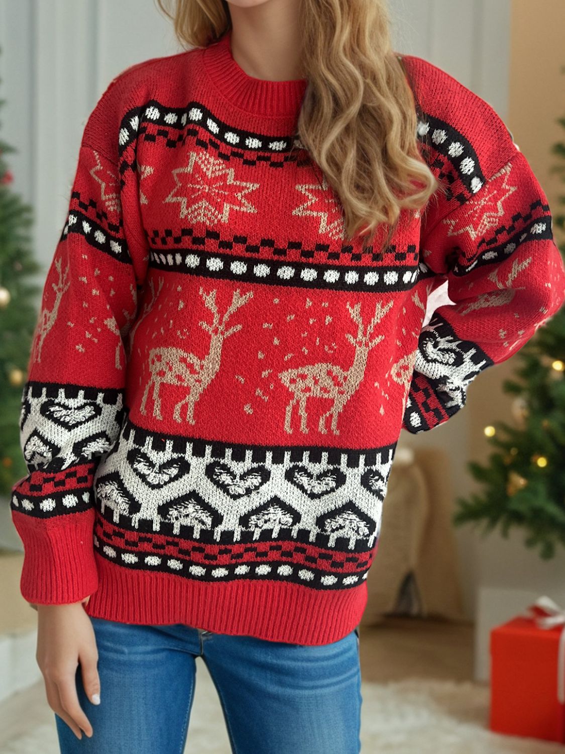 Christmas Element Round Neck Long Sleeve Sweater - Sydney So Sweet