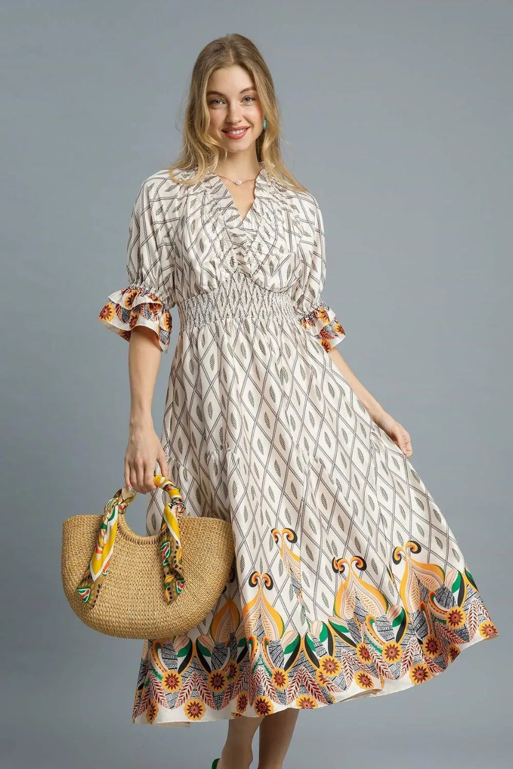 Umgee Printed Smocked Waist Flounce Sleeve Midi Dress - Sydney So Sweet