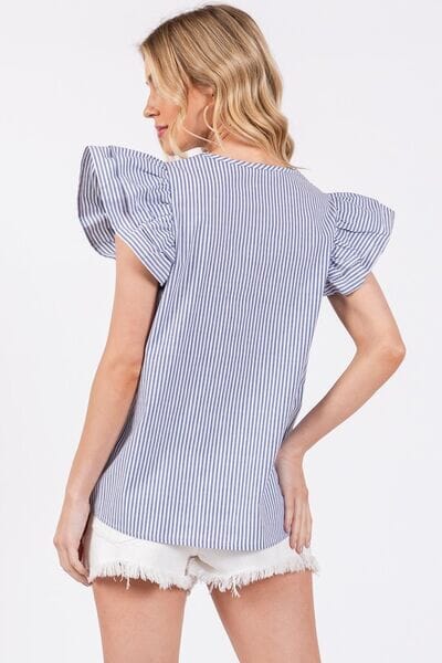 Ces Femme Striped V-Neck Ruffled Cap Sleeve Blouse - Sydney So Sweet