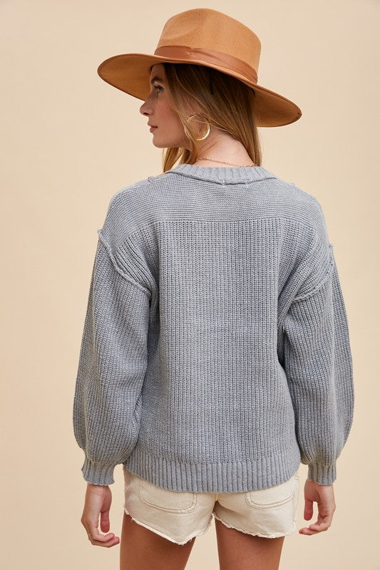 Annie Wear Half Button Ribbed Hem Sweater - Sydney So Sweet