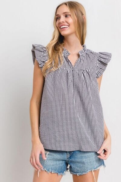 Ces Femme Plaid Notched Ruffled Cap Sleeve Blouse - Sydney So Sweet