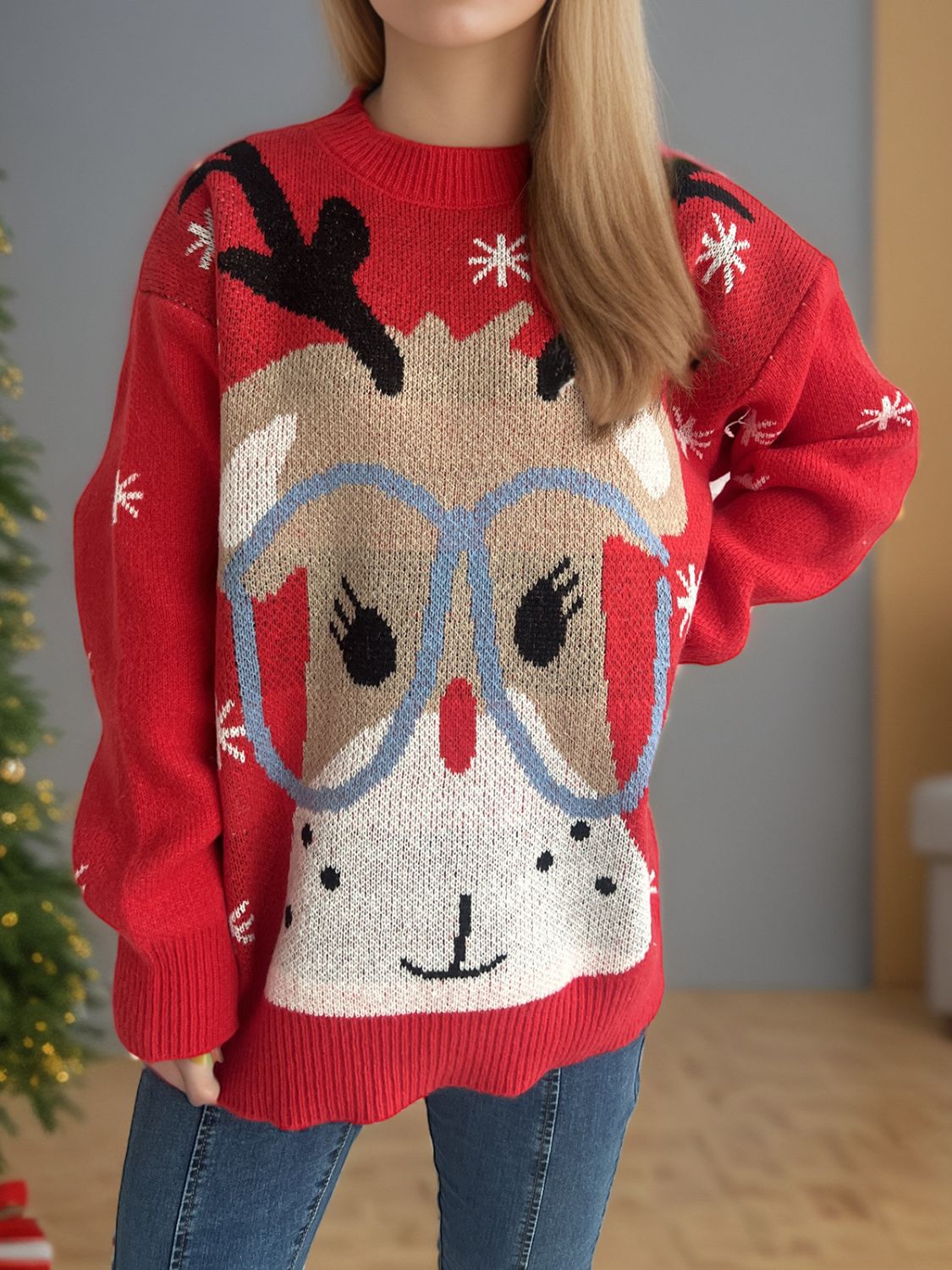 Reindeer Round Neck Dropped Shoulder Sweater - Sydney So Sweet