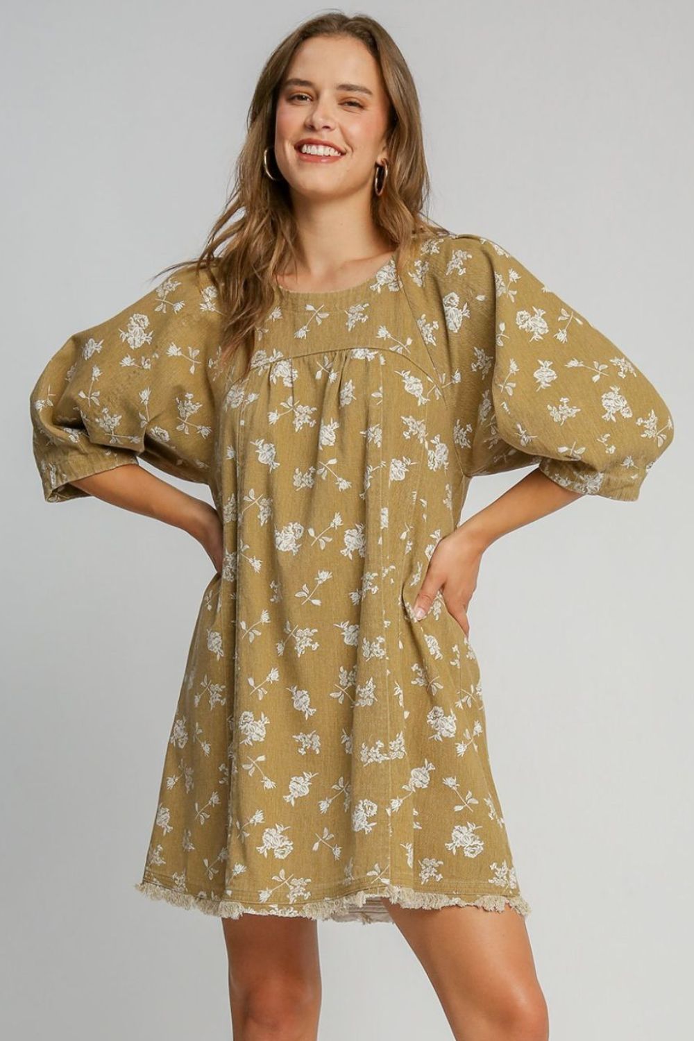 Umgee Raw Hem Floral Print Round Neck Denim Dress - Sydney So Sweet