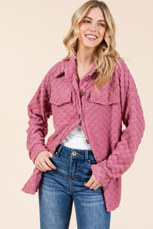 BOMBOM Checkered Button Down Dropped Shoulder Shacket - Sydney So Sweet