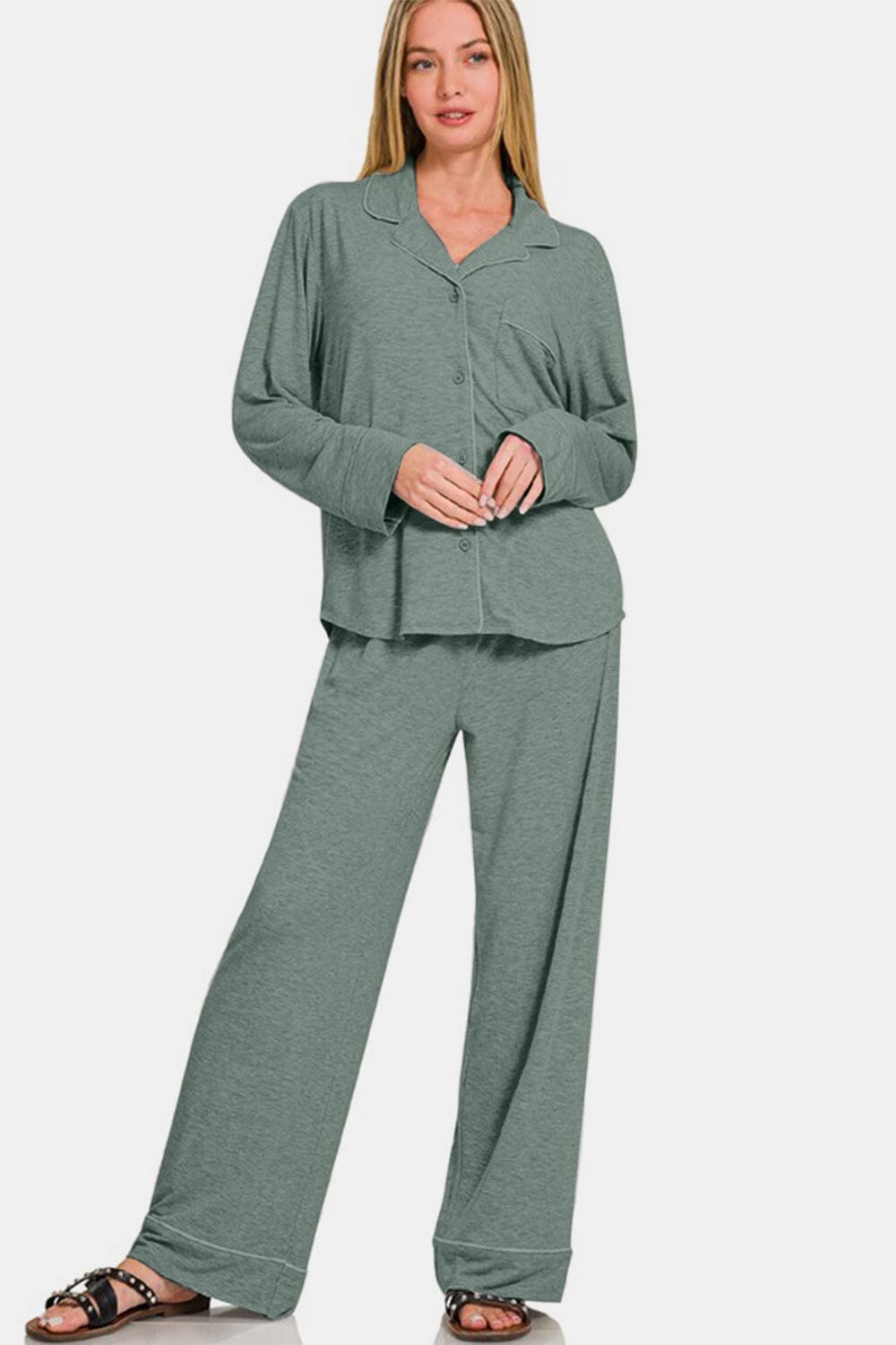 Zenana Button Down Long Sleeve Top and Pants Lounge Set - Sydney So Sweet