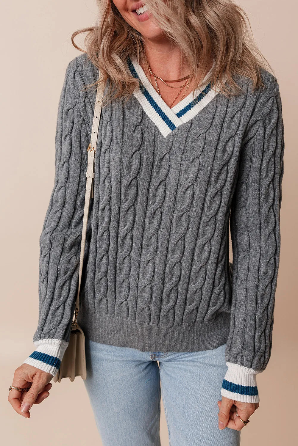 Cable-Knit V-Neck Long Sleeve Sweater - Sydney So Sweet