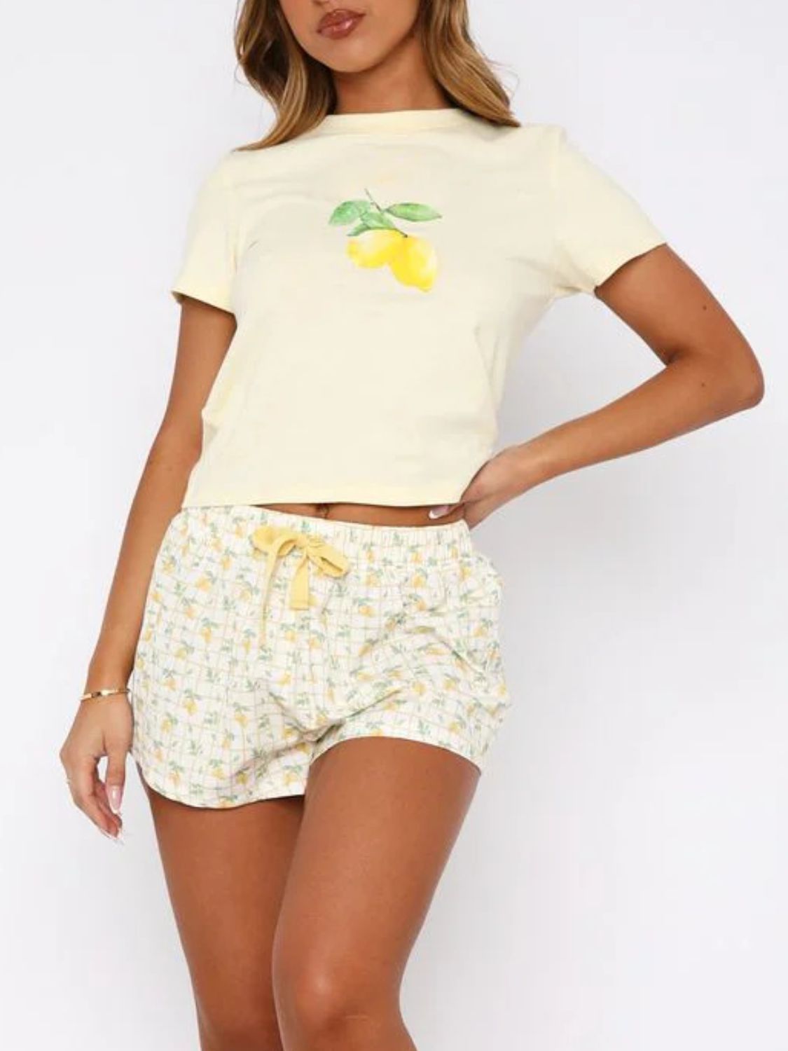 Printed Round Neck Short Sleeve Top and Drawstring Shorts Set - Sydney So Sweet