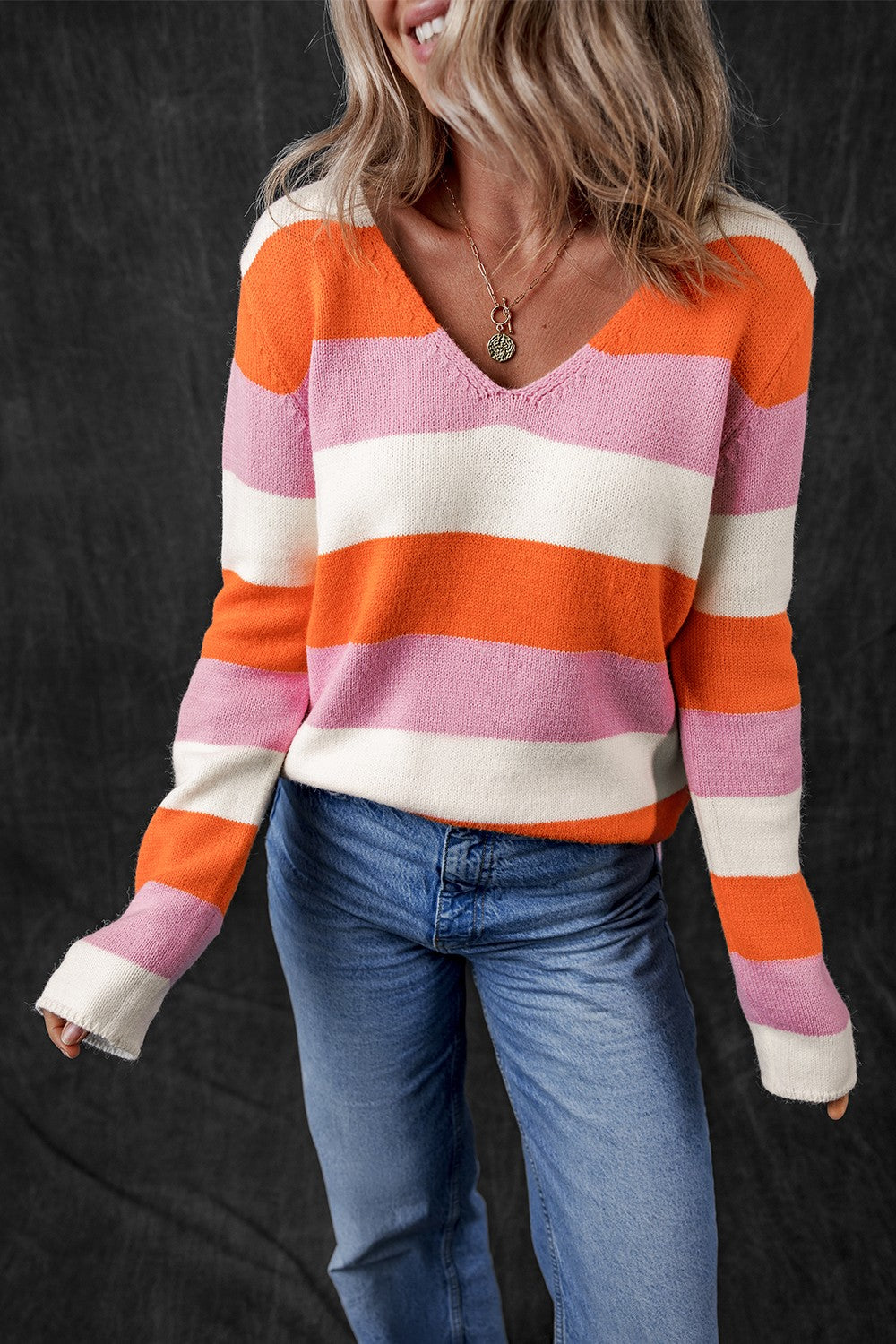 Color Block V-Neck Long Sleeve Sweater - Sydney So Sweet