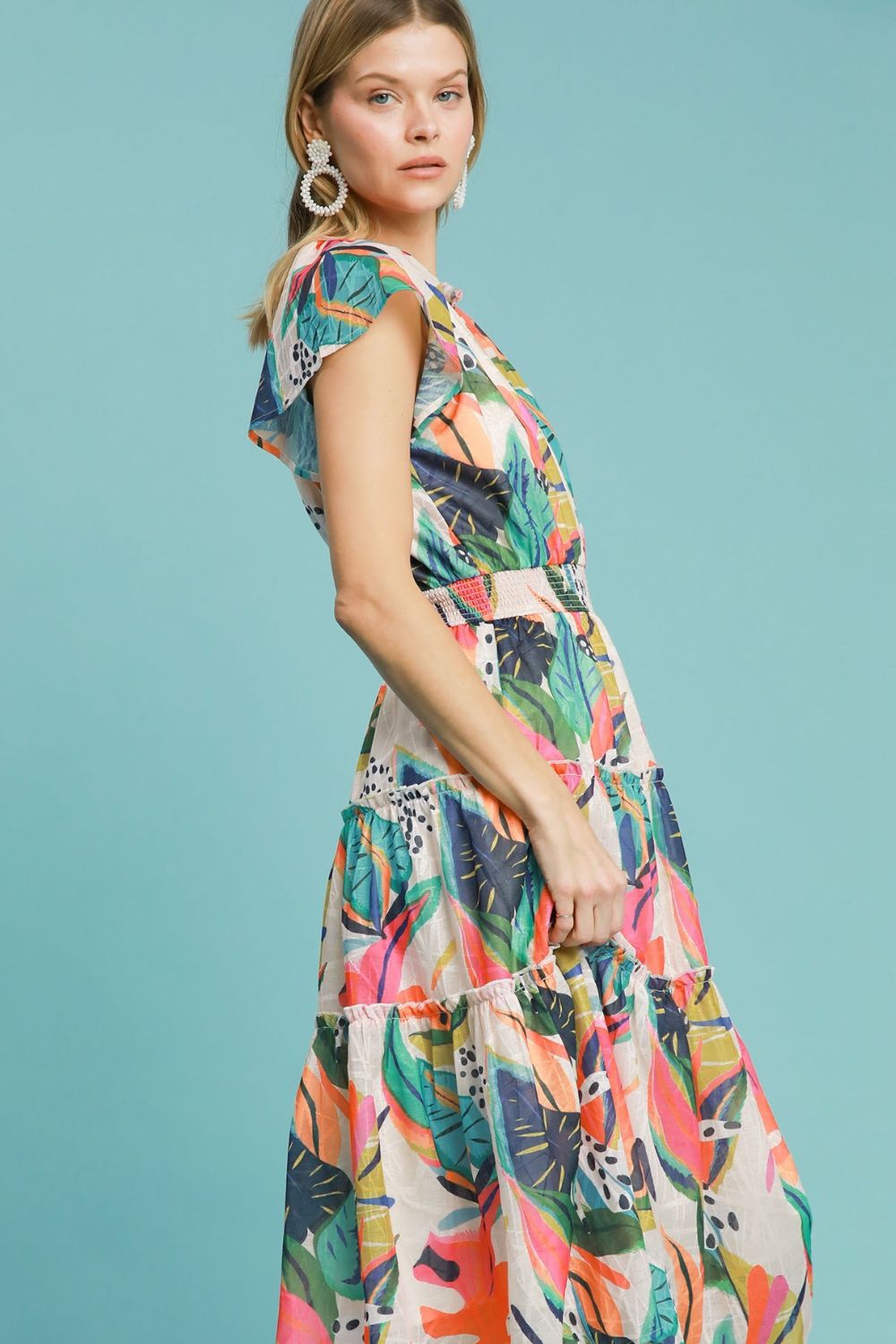 Umgee Full Size Leaf Print Cap Sleeve Tiered Midi Dress Plus Size - Sydney So Sweet