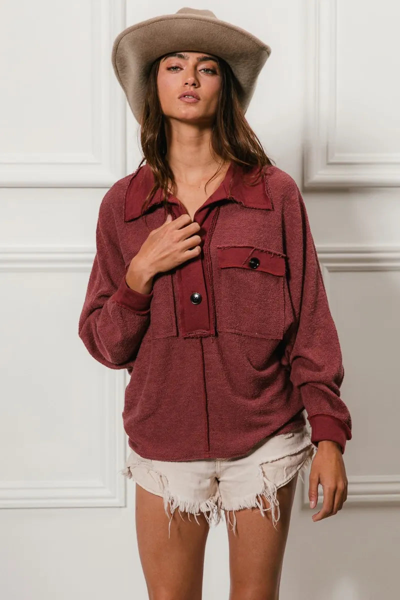 BiBi Cp French Terry Cut Edge Detail Collared Top - Sydney So Sweet