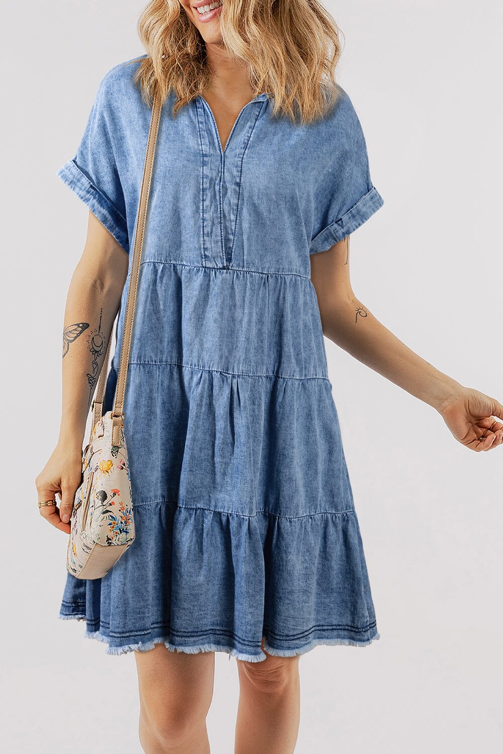 Raw Hem Collared Neck Short Sleeve Denim Dress - Sydney So Sweet