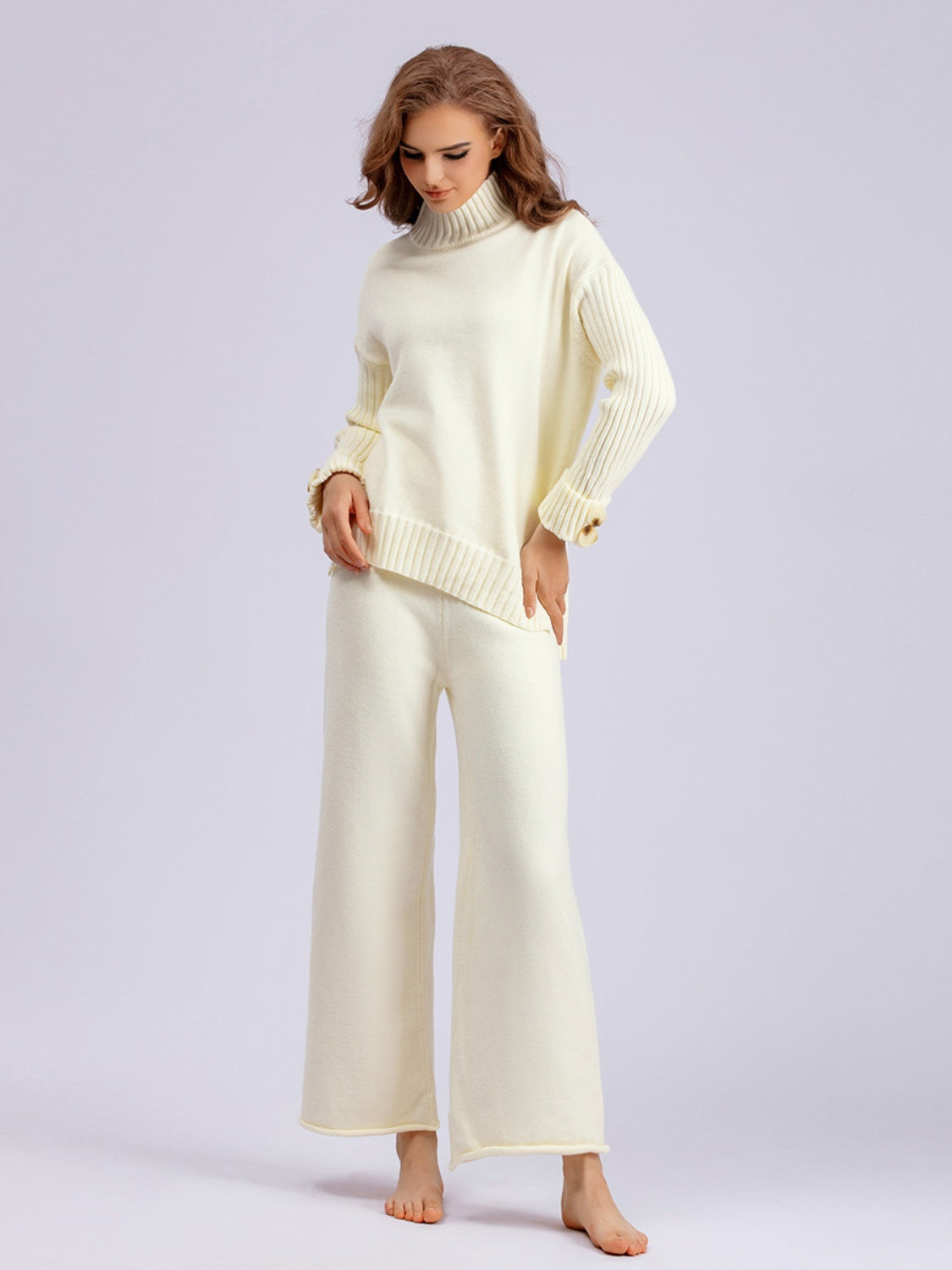 Basic Bae High- Low Turtleneck Long Sleeve Top and Pants Sweater Set - Sydney So Sweet