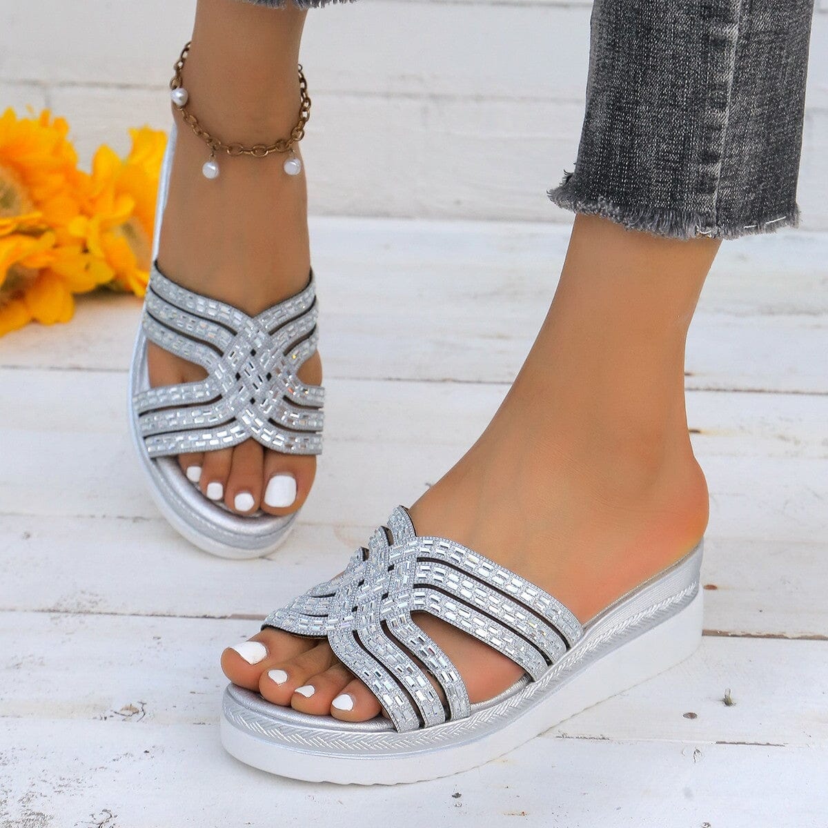 Rhinestone Open Toe Wedge Sandals - Sydney So Sweet