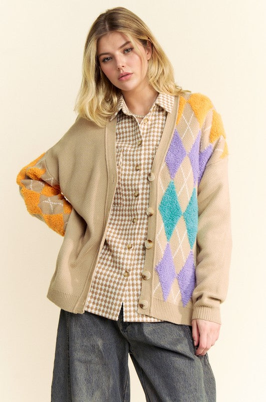 Davi & Dani Argyle V-Neck Dropped Shoulder Cardigan - Sydney So Sweet