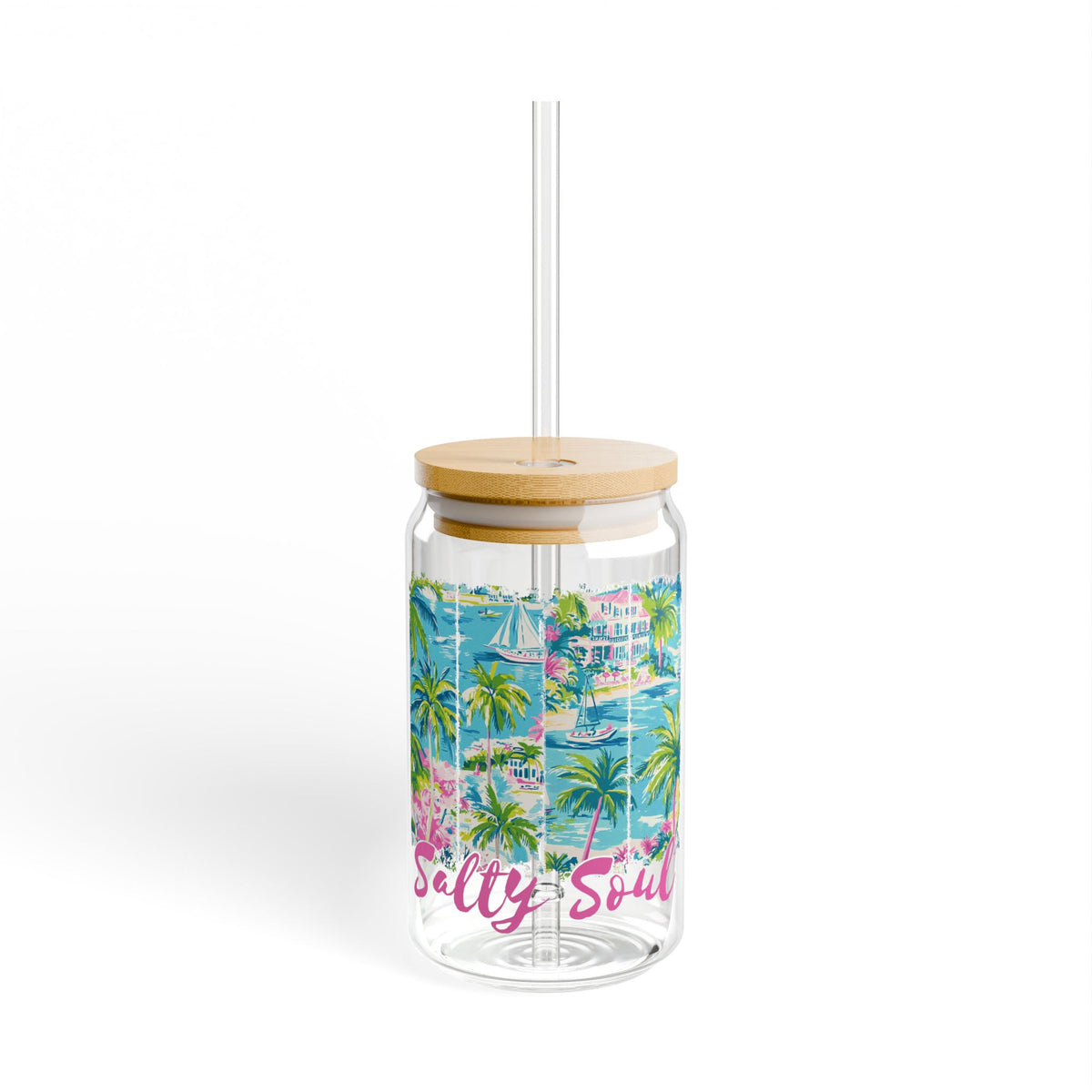 Salty Soul Tropical Beach Sipper Glass 16oz Reusable Drink Jar with Lid & Straw