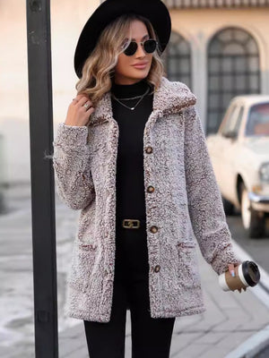 Pocketed Collared Neck Long Sleeve Plush Jacket - Sydney So Sweet