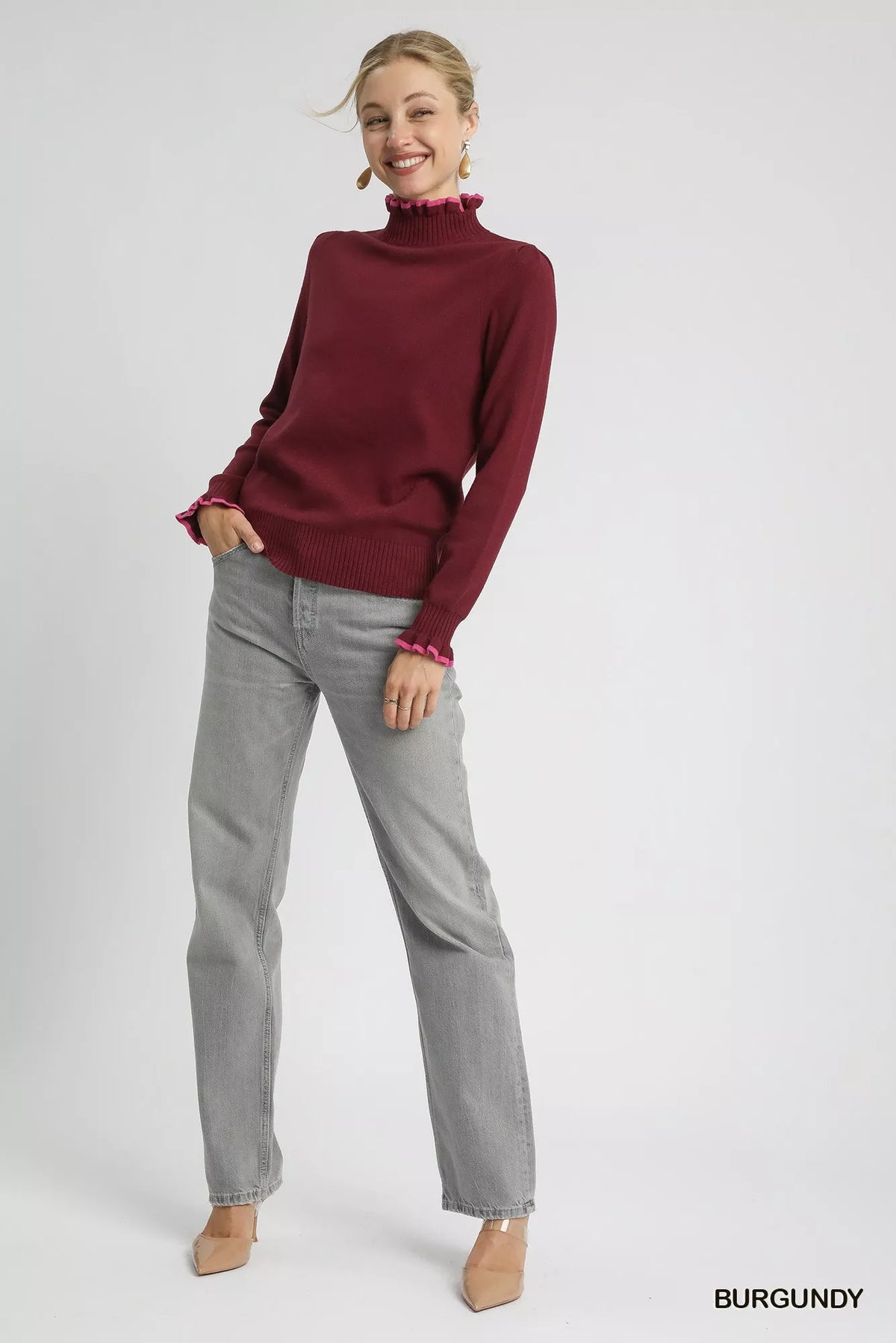 Umgee Ribbed Round Neck Sweater with Ruffle Contrast Trim - Sydney So Sweet