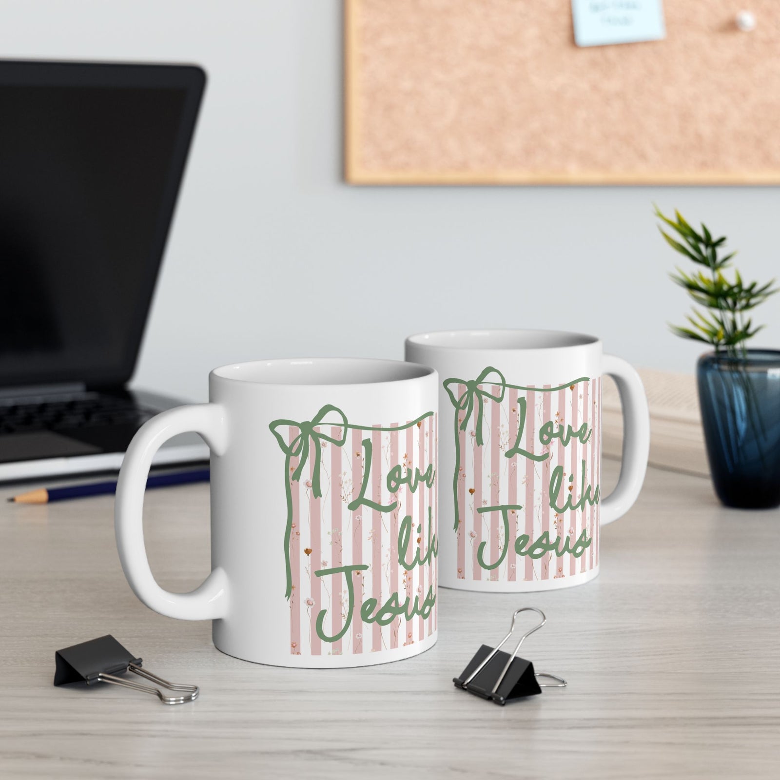 Love Like Jesus Pink Stripe Inspirational Ceramic Mug Coffee Cup (11oz & 15oz)