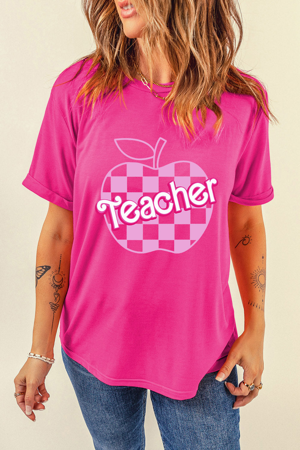 Hot Pink Teacher Apple Short Sleeve Women's Graphic T-Shirt - Sydney So Sweet