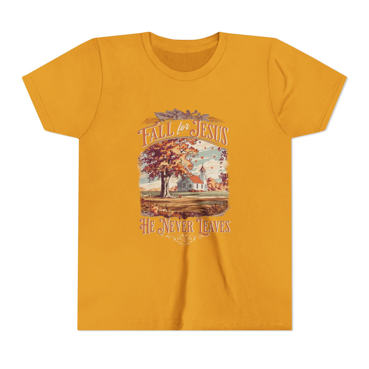 Fall for Jesus Kids T-Shirt He Never Leaves Youth Christian Graphic Tee