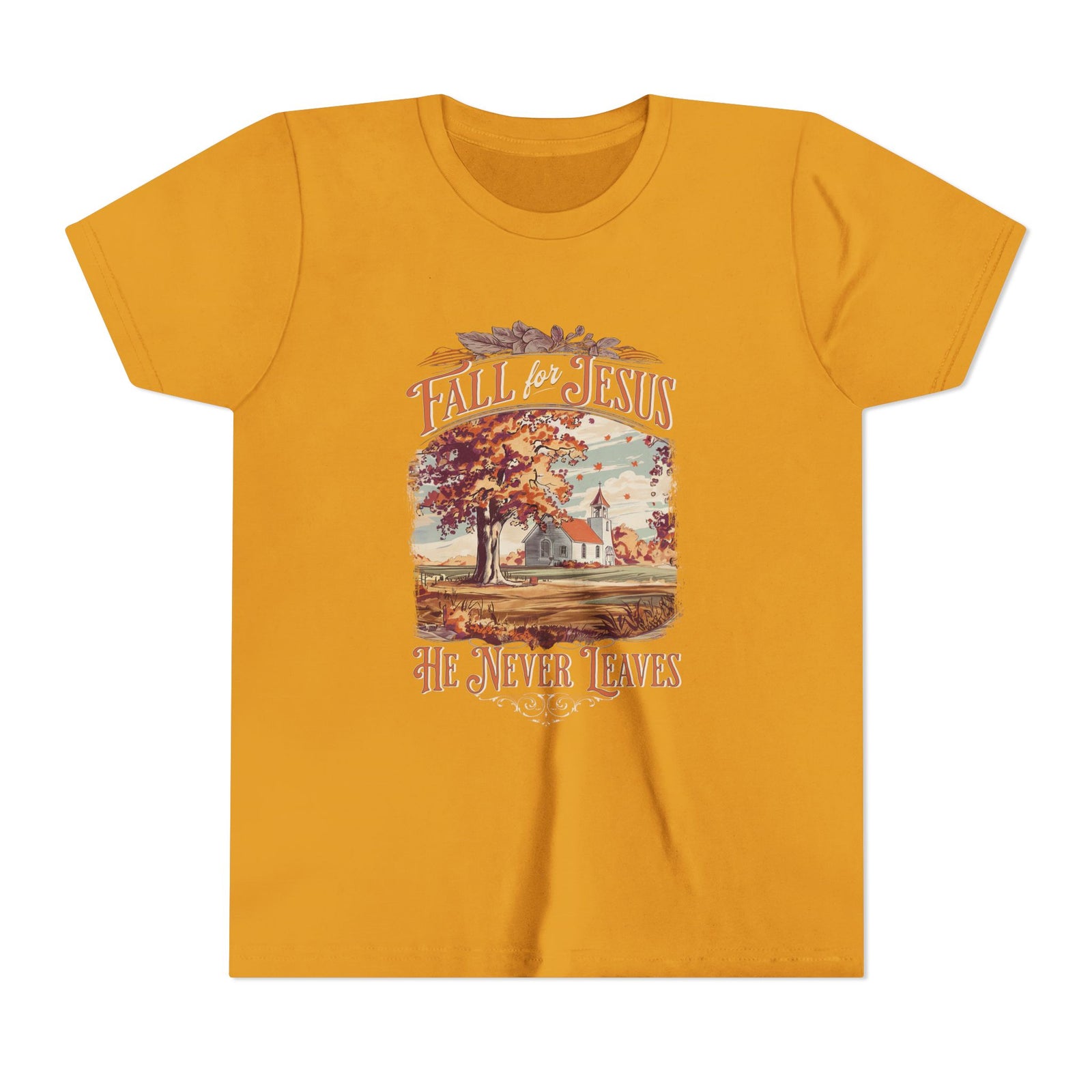 Fall for Jesus Kids T-Shirt He Never Leaves Youth Christian Graphic Tee