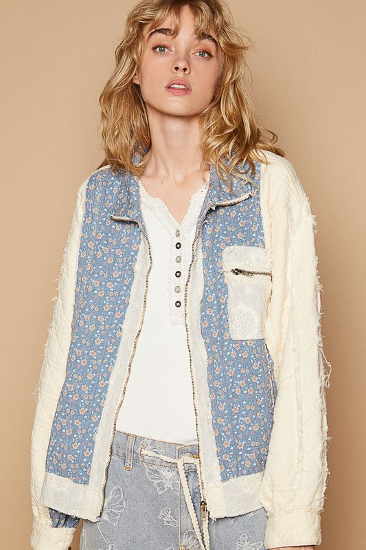 POL Floral Patchwork Zip Up Long Sleeve Jacket - Sydney So Sweet