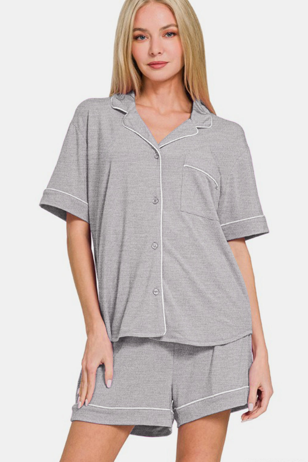 Zenana Button Down Short Sleeve Top and Shorts Lounge Set - Sydney So Sweet