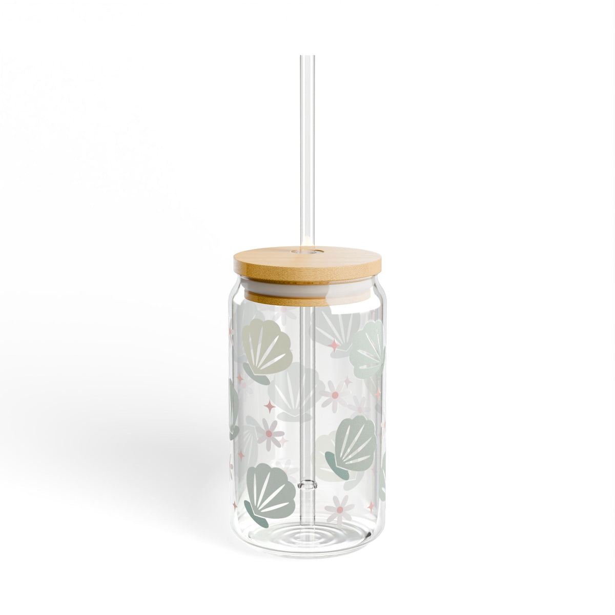 Floral & Seashell Mint Sipper Glass 16oz — Reusable Drink Jar with Lid & Straw