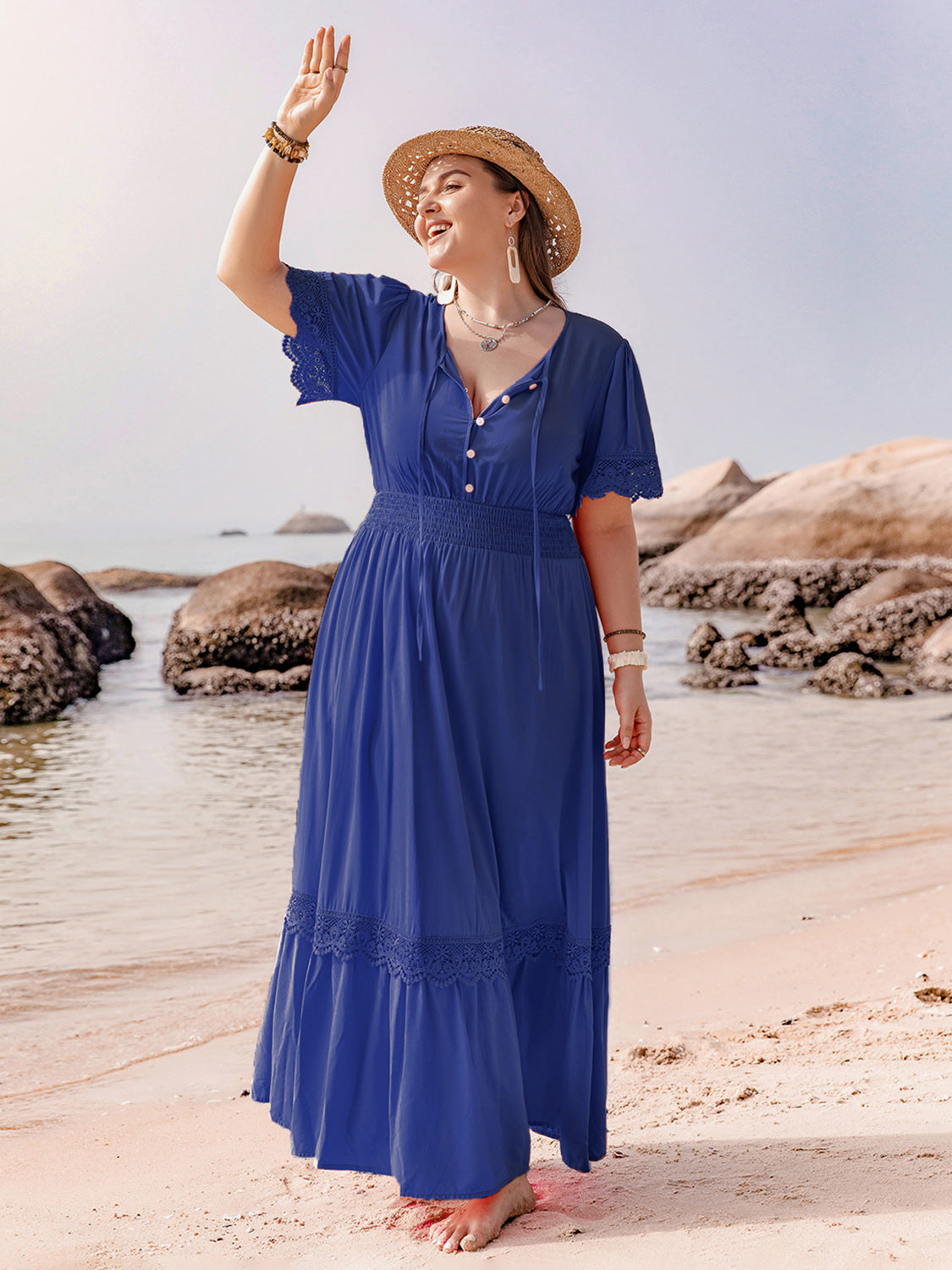 Plus Size Lace Detail Tie Neck Short Sleeve Maxi Dress - Sydney So Sweet